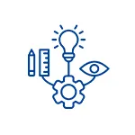Customizable solutions icon with light bulb, pencil, ruler, gear, and eye