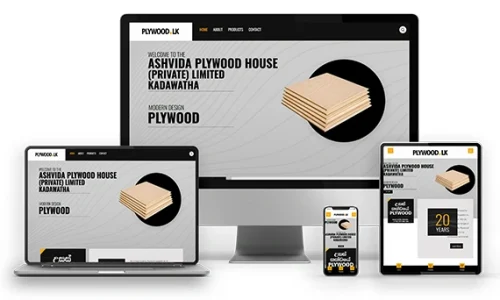 Ashvida Plywood House website design displayed on desktop, laptop, tablet, and mobile devices – modern plywood company website in Sri Lanka