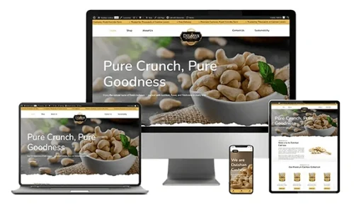 Responsive cashew product website design displayed on desktop, laptop, tablet, and mobile screens