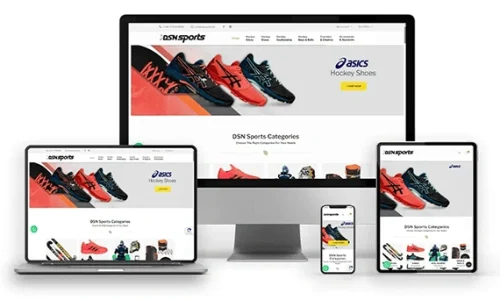 DSN Sports eCommerce website mockup displaying responsive design on desktop, laptop, tablet, and mobile screen