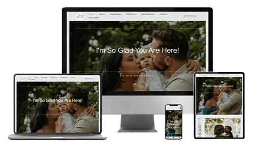 Responsive photography website mockup displayed on desktop, laptop, tablet, and smartphone screens