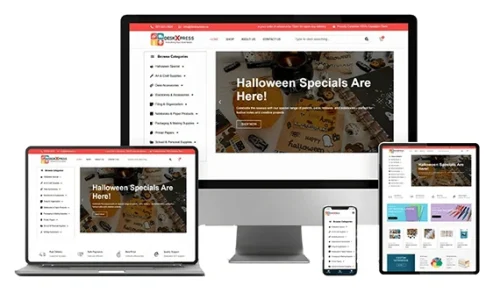 DeskXPress ecommerce website displayed on desktop, laptop, tablet, and mobile devices