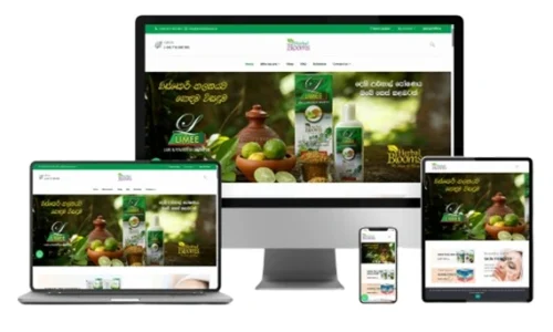 Herbal Blooms responsive website design displayed on desktop, laptop, tablet, and mobile devices showing herbal skincare and cosmetic products