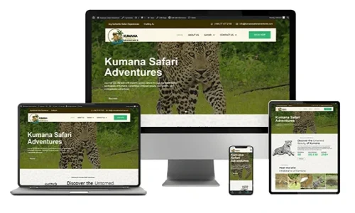 Responsive website design for Kumana Safari Adventures displayed on desktop, laptop, tablet, and mobile devices.
