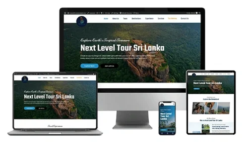 Responsive website design mockup for Next Level Tour Sri Lanka displayed on desktop, laptop, tablet, and mobile devices.