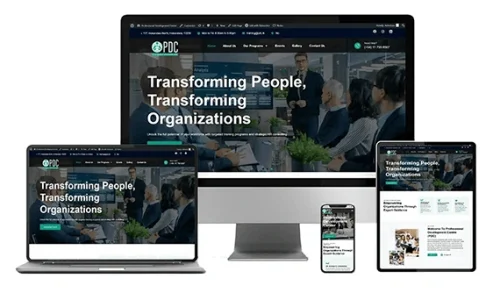 Professional Development Centre (PDC) website displayed on desktop, laptop, tablet, and mobile devices showcasing responsive modern web design.